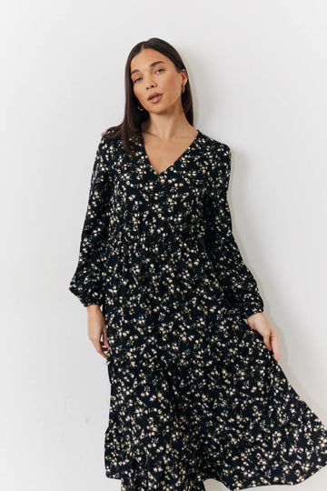Black Ditsy Floral Printed Wrap Midi Dress
